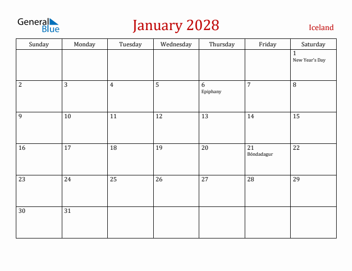 Iceland January 2028 Calendar - Sunday Start