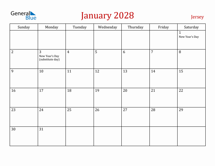 Jersey January 2028 Calendar - Sunday Start