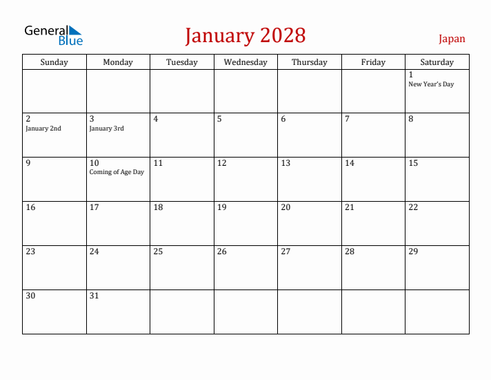 Japan January 2028 Calendar - Sunday Start