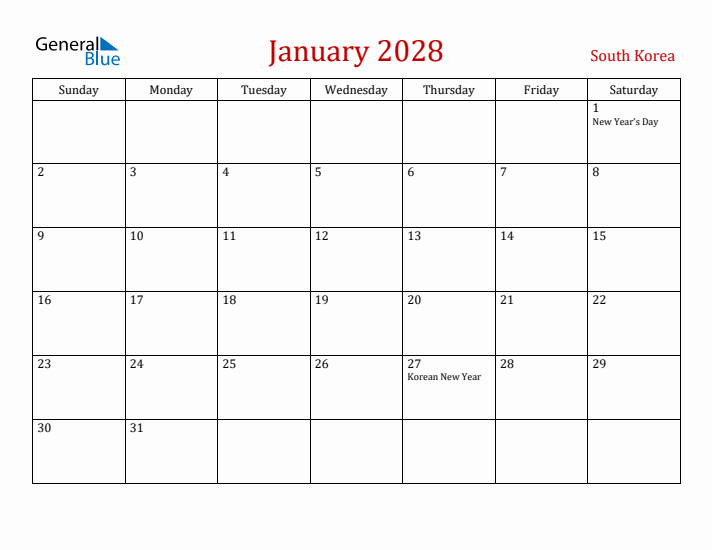 South Korea January 2028 Calendar - Sunday Start