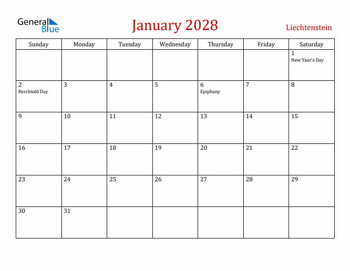 Liechtenstein January 2028 Calendar - Sunday Start