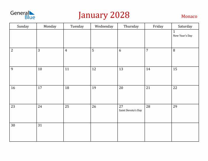 Monaco January 2028 Calendar - Sunday Start