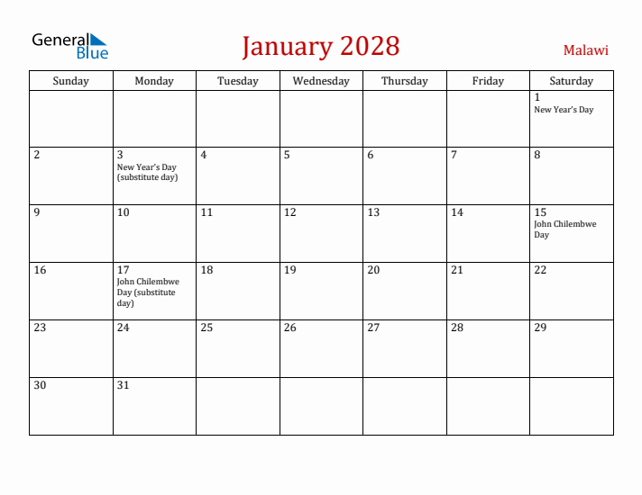 Malawi January 2028 Calendar - Sunday Start