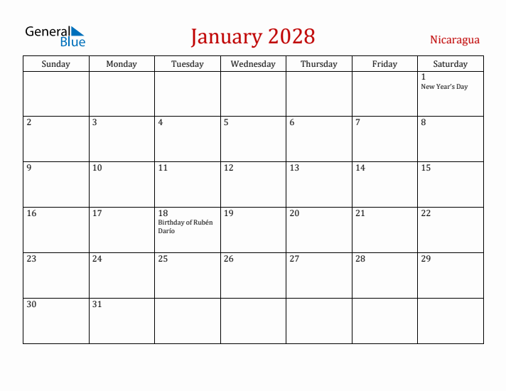 Nicaragua January 2028 Calendar - Sunday Start