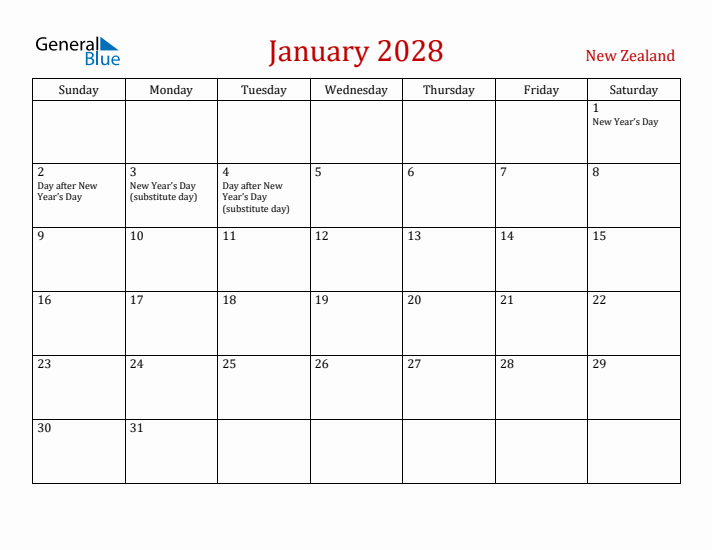 New Zealand January 2028 Calendar - Sunday Start