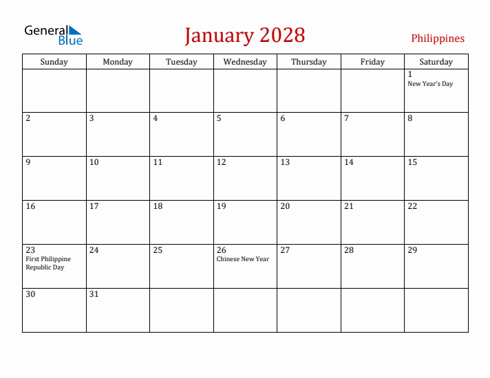 Philippines January 2028 Calendar - Sunday Start