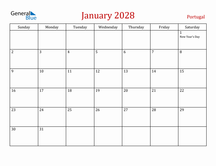 Portugal January 2028 Calendar - Sunday Start
