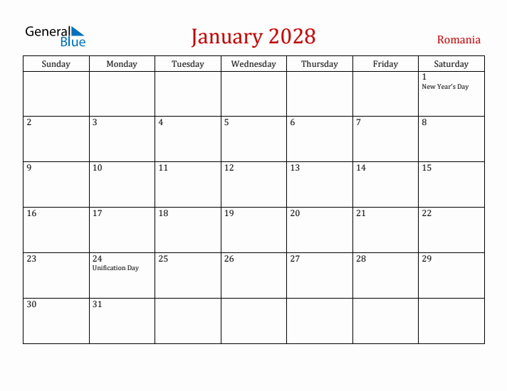 Romania January 2028 Calendar - Sunday Start