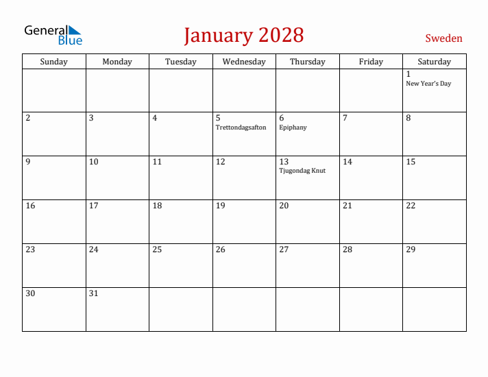 Sweden January 2028 Calendar - Sunday Start