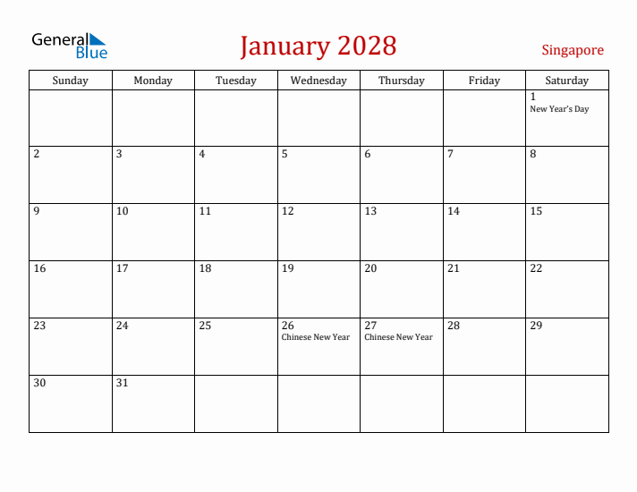 Singapore January 2028 Calendar - Sunday Start