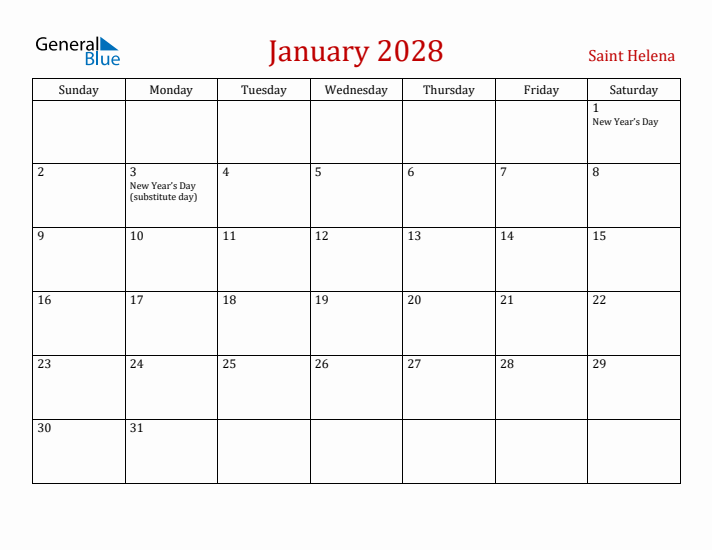 Saint Helena January 2028 Calendar - Sunday Start
