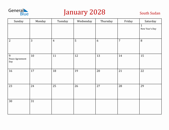 South Sudan January 2028 Calendar - Sunday Start
