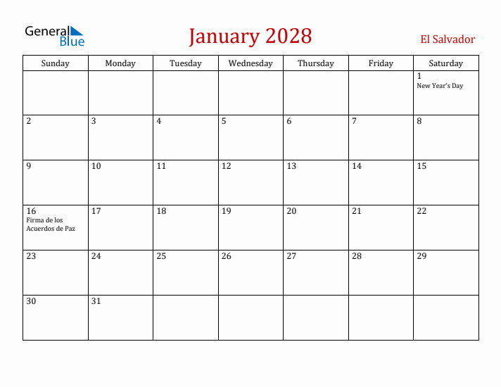 El Salvador January 2028 Calendar - Sunday Start