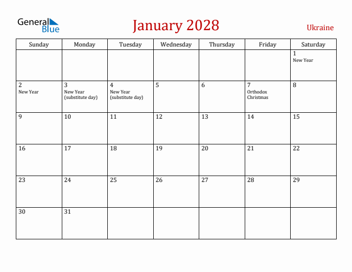Ukraine January 2028 Calendar - Sunday Start
