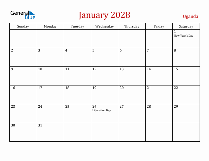 Uganda January 2028 Calendar - Sunday Start
