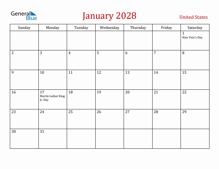 United States January 2028 Calendar - Sunday Start