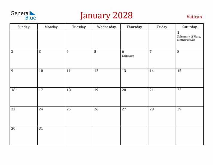 Vatican January 2028 Calendar - Sunday Start
