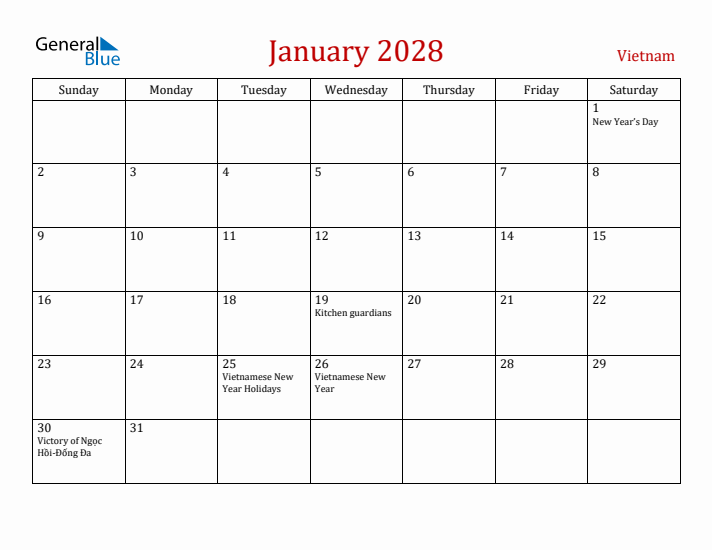Vietnam January 2028 Calendar - Sunday Start