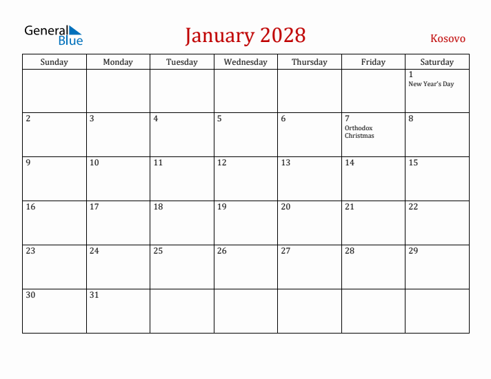 Kosovo January 2028 Calendar - Sunday Start
