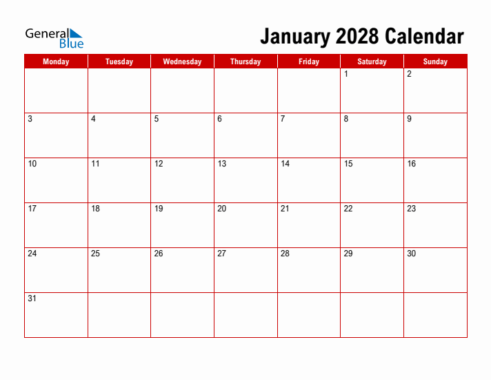 Simple Monthly Calendar - January 2028