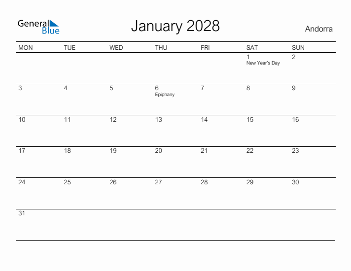 Printable January 2028 Calendar for Andorra