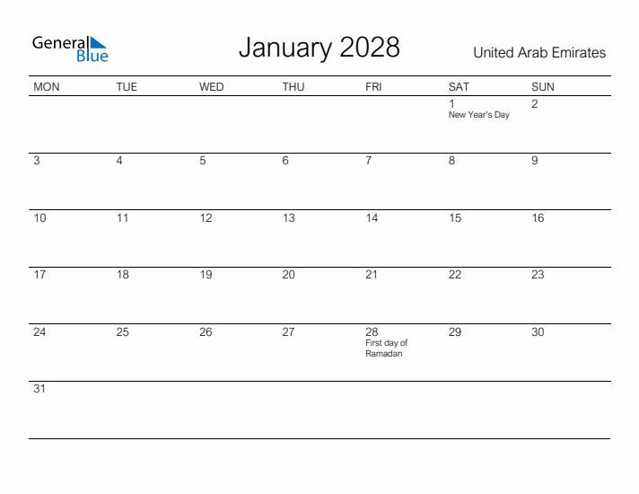 Printable January 2028 Calendar for United Arab Emirates