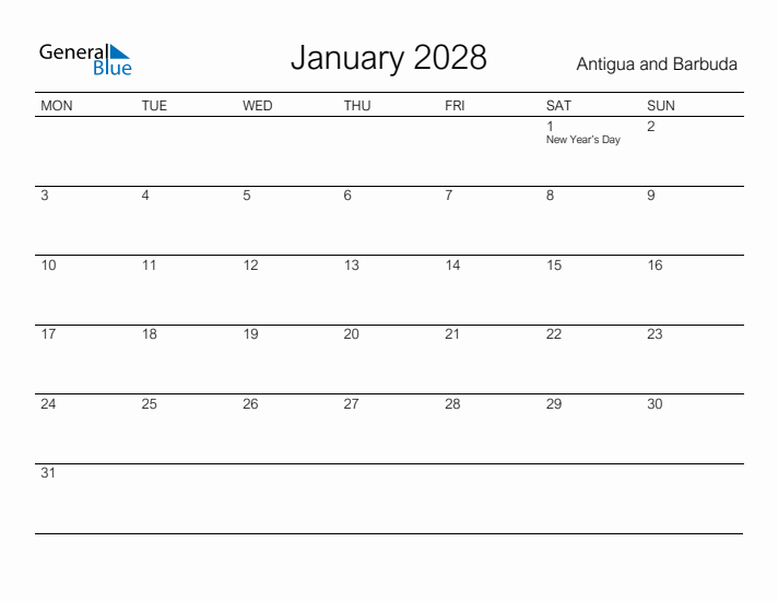 Printable January 2028 Calendar for Antigua and Barbuda