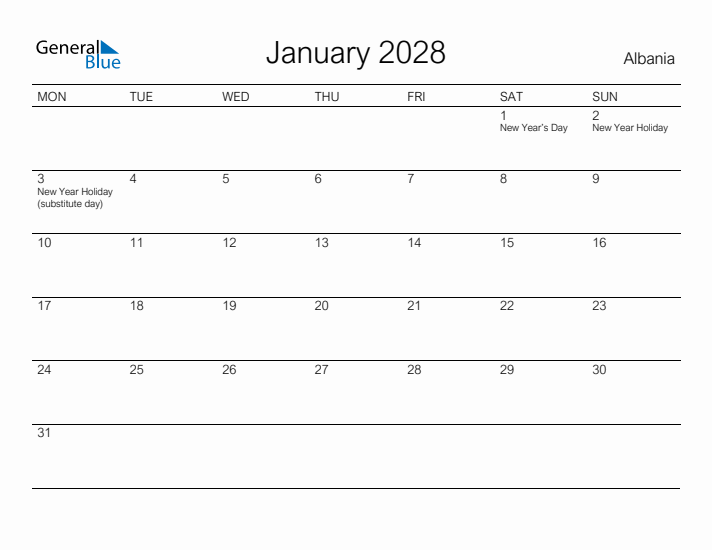 Printable January 2028 Calendar for Albania