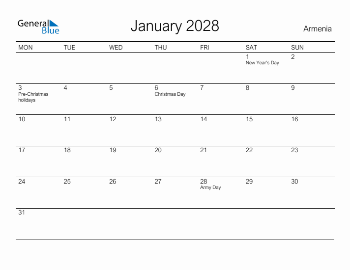 Printable January 2028 Calendar for Armenia