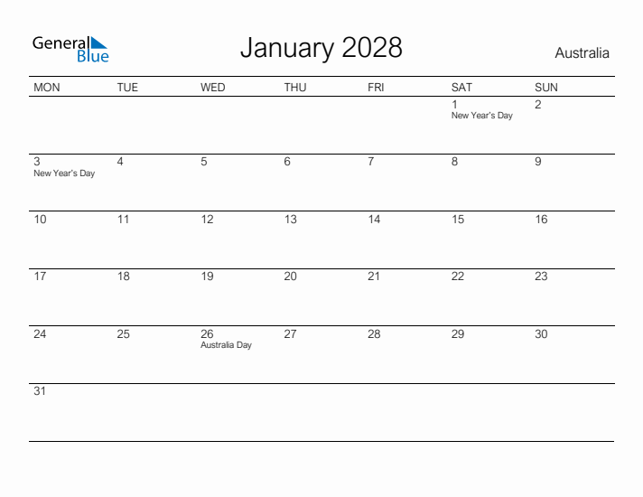 Printable January 2028 Calendar for Australia