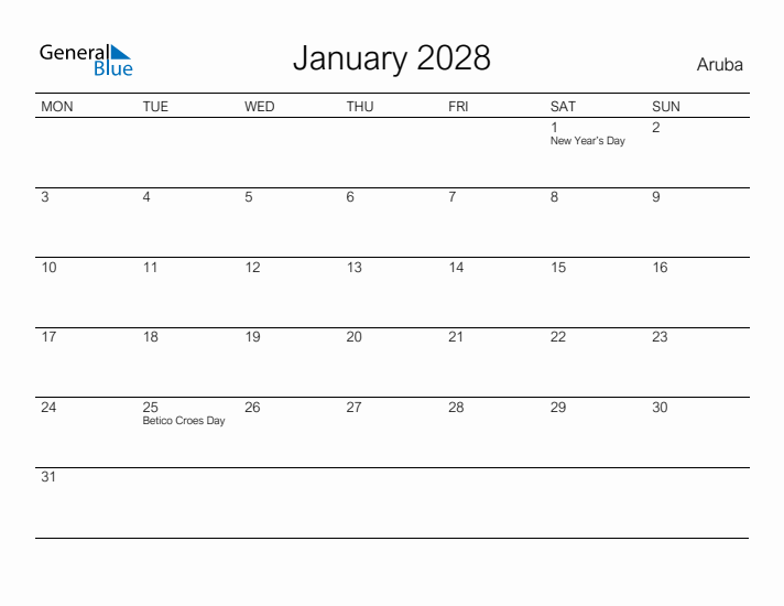Printable January 2028 Calendar for Aruba