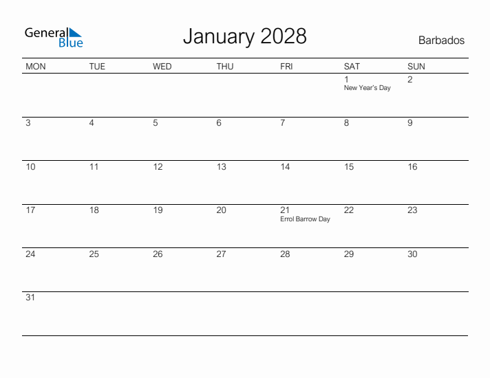Printable January 2028 Calendar for Barbados