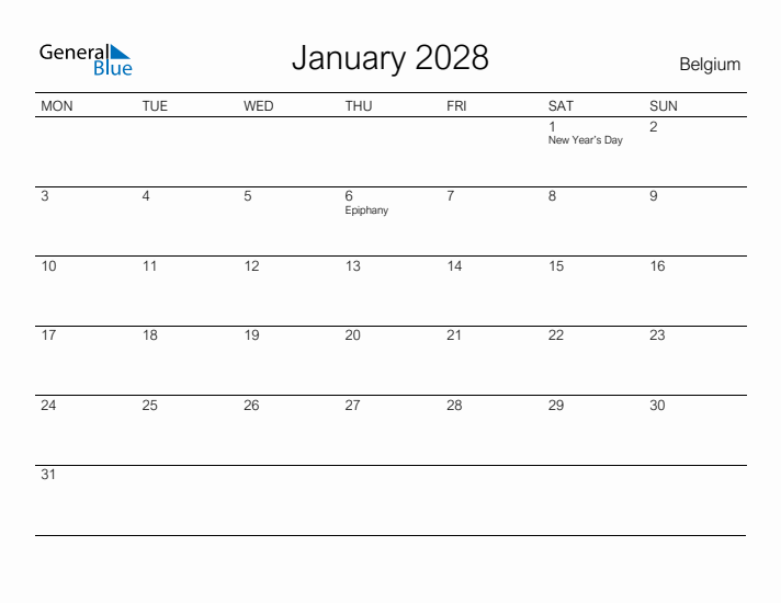 Printable January 2028 Calendar for Belgium