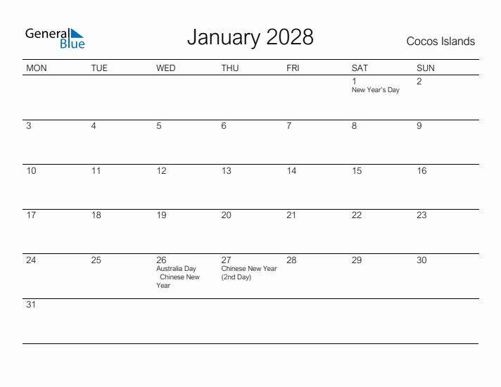 Printable January 2028 Calendar for Cocos Islands