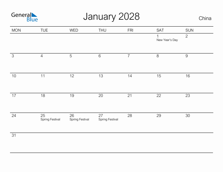 Printable January 2028 Calendar for China