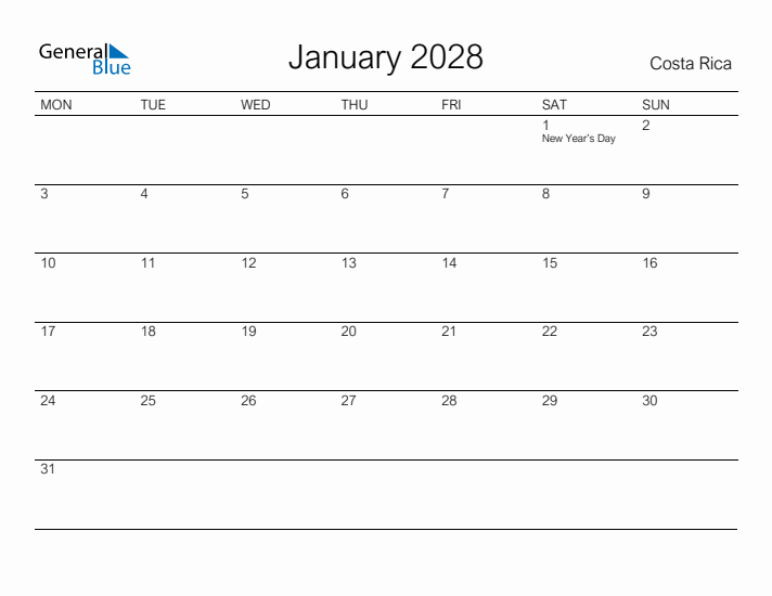 Printable January 2028 Calendar for Costa Rica