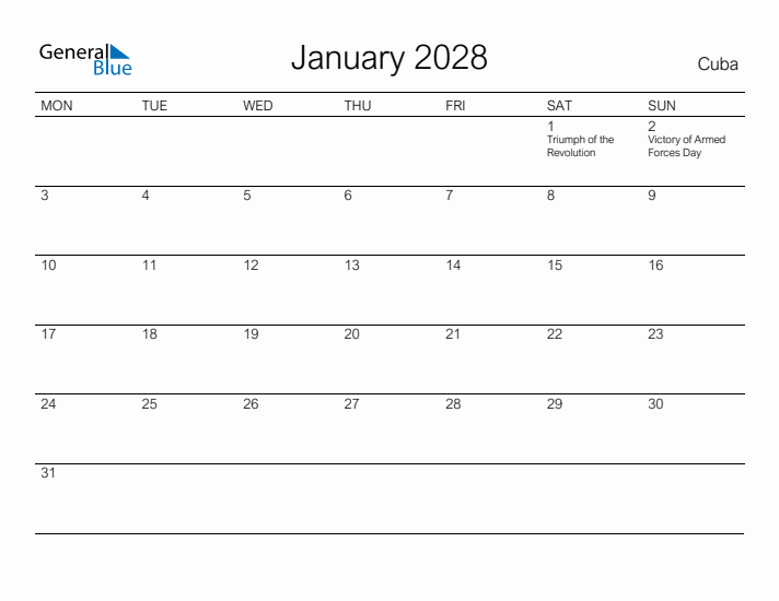 Printable January 2028 Calendar for Cuba
