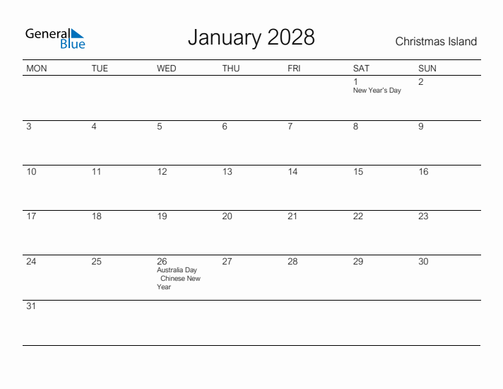 Printable January 2028 Calendar for Christmas Island