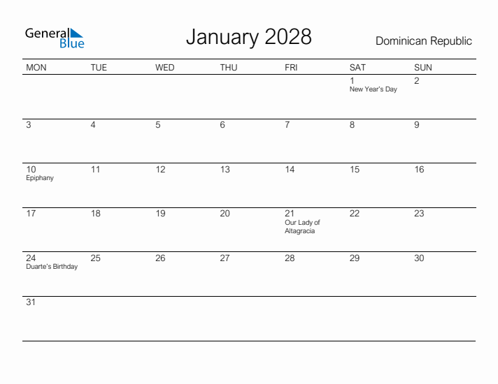 Printable January 2028 Calendar for Dominican Republic