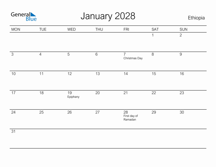 Printable January 2028 Calendar for Ethiopia