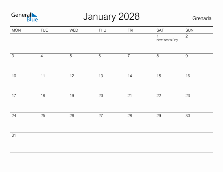 Printable January 2028 Calendar for Grenada