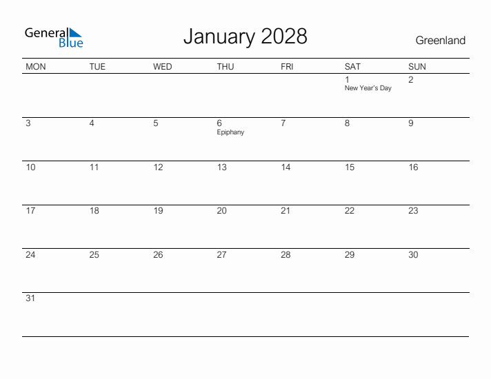 Printable January 2028 Calendar for Greenland