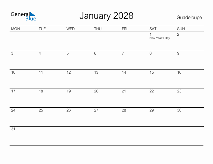 Printable January 2028 Calendar for Guadeloupe