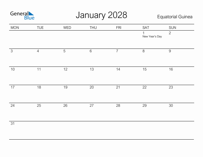 Printable January 2028 Calendar for Equatorial Guinea