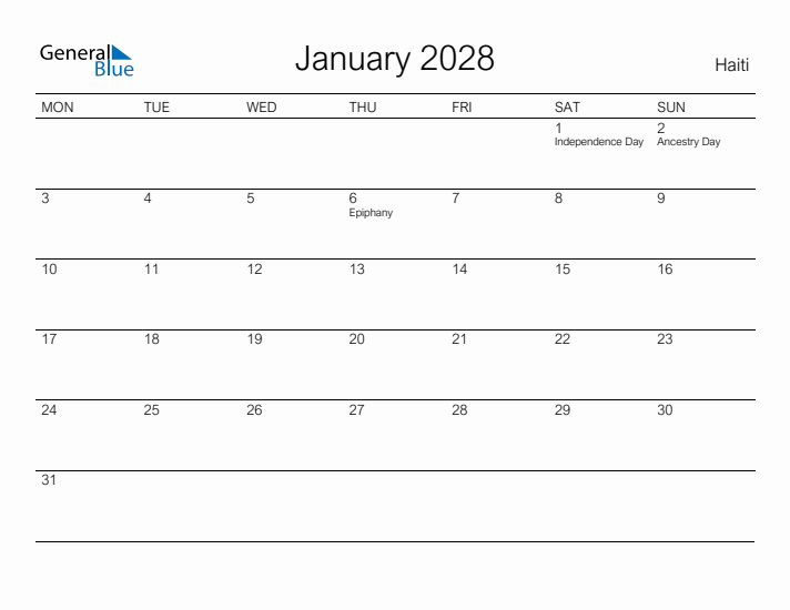 Printable January 2028 Calendar for Haiti