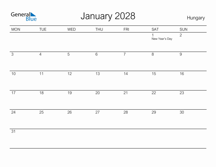 Printable January 2028 Calendar for Hungary