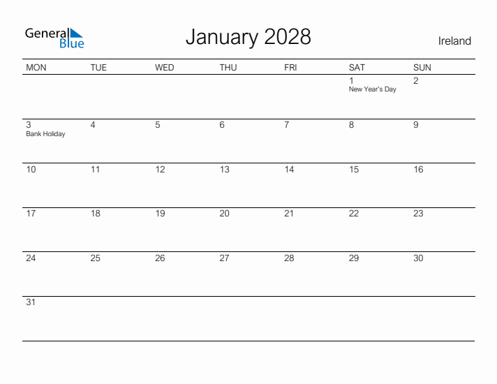 Printable January 2028 Calendar for Ireland