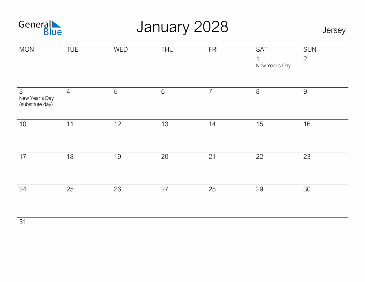 Printable January 2028 Monthly Calendar with Holidays for Jersey
