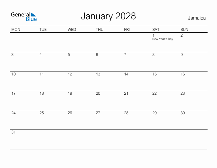 Printable January 2028 Calendar for Jamaica