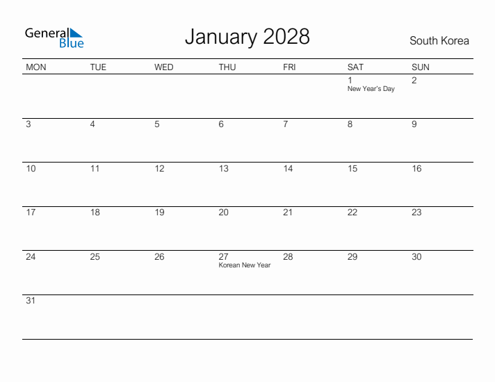 Printable January 2028 Calendar for South Korea